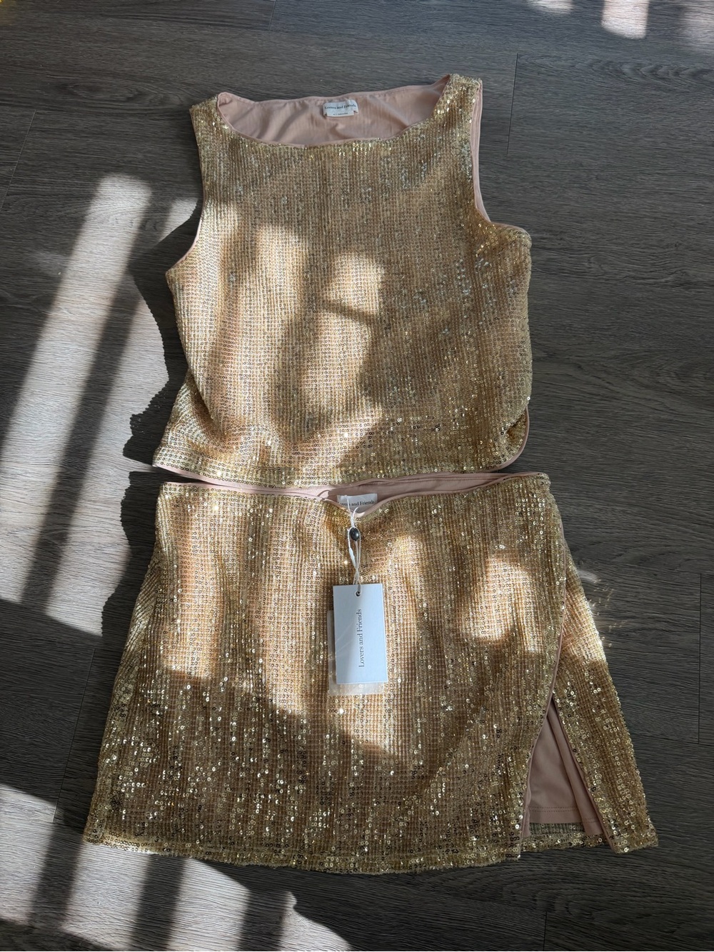 Lovers + Friends Gold Sequin Crop Top & Mini Skirt Set